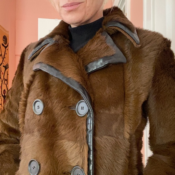 Derek Lam Brown Double-Breasted Women's Fur and Leather Car Coat sz 4 - Picture 4 of 15